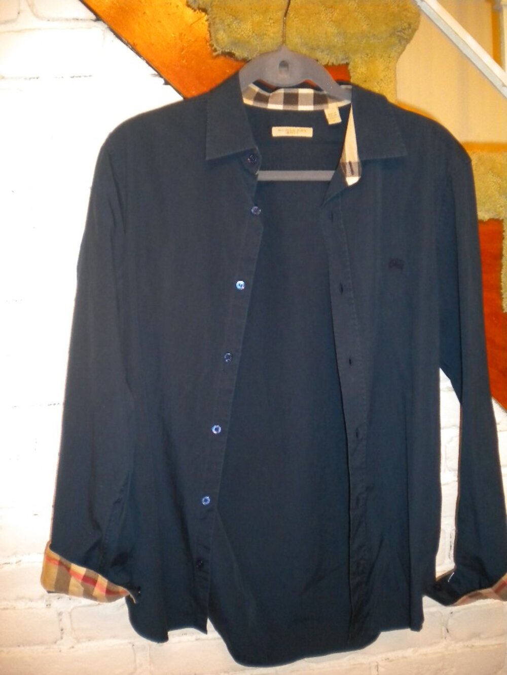 Burberry Brit Dark Blue  Nova Check Cuff Button Front Shirt Long Sleeve